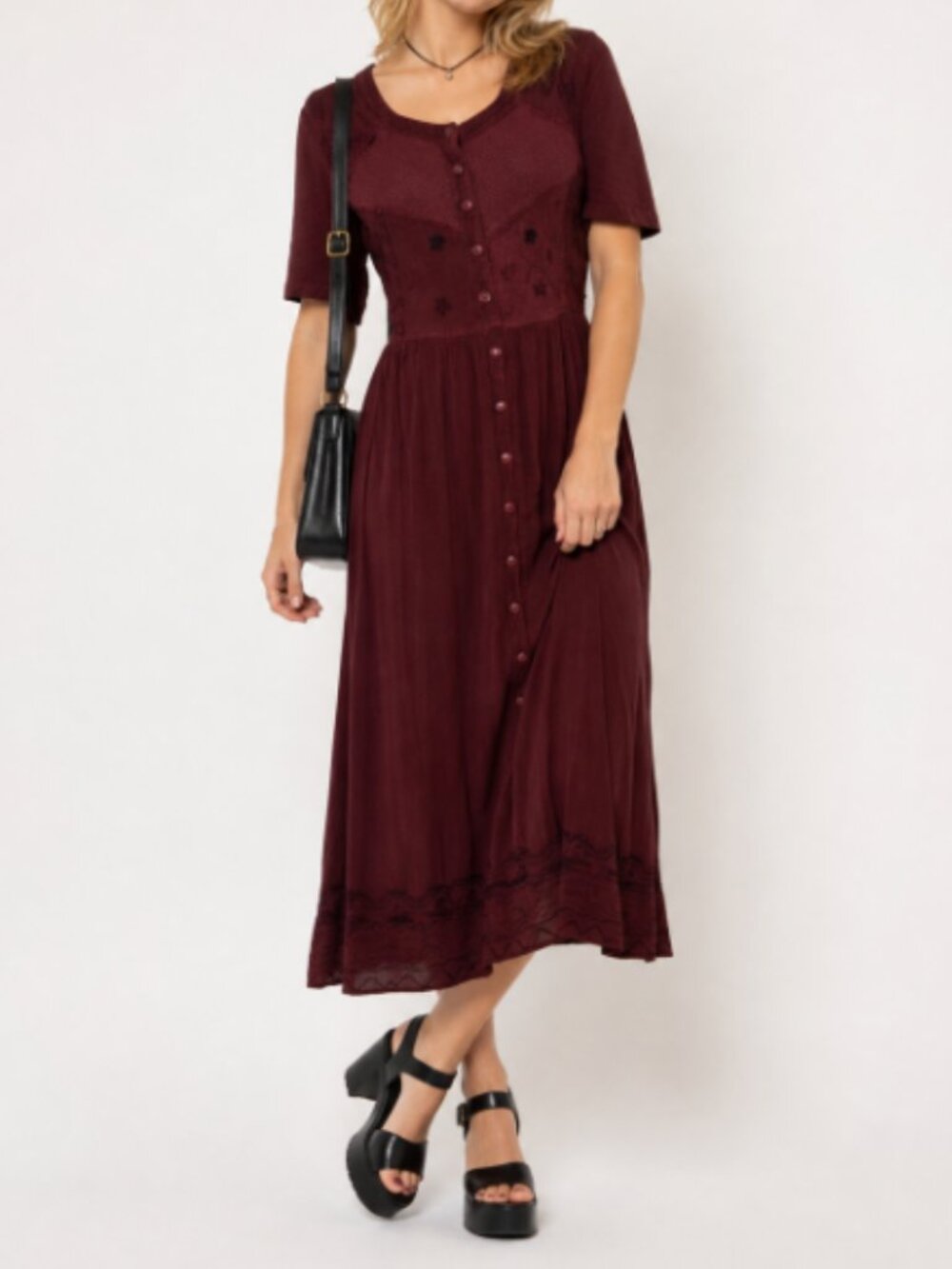 Select Vintage 90s Brown Embroidered Button-Front Midi Dress Sz Medium Phoebe